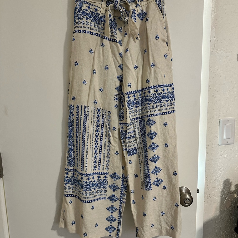 Blue and Cream Wide-Leg Linen Blend Pants